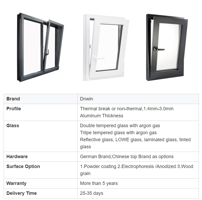 American Style Villa Thermal Break Aluminium Tempered Glass Tilt and Turn Window